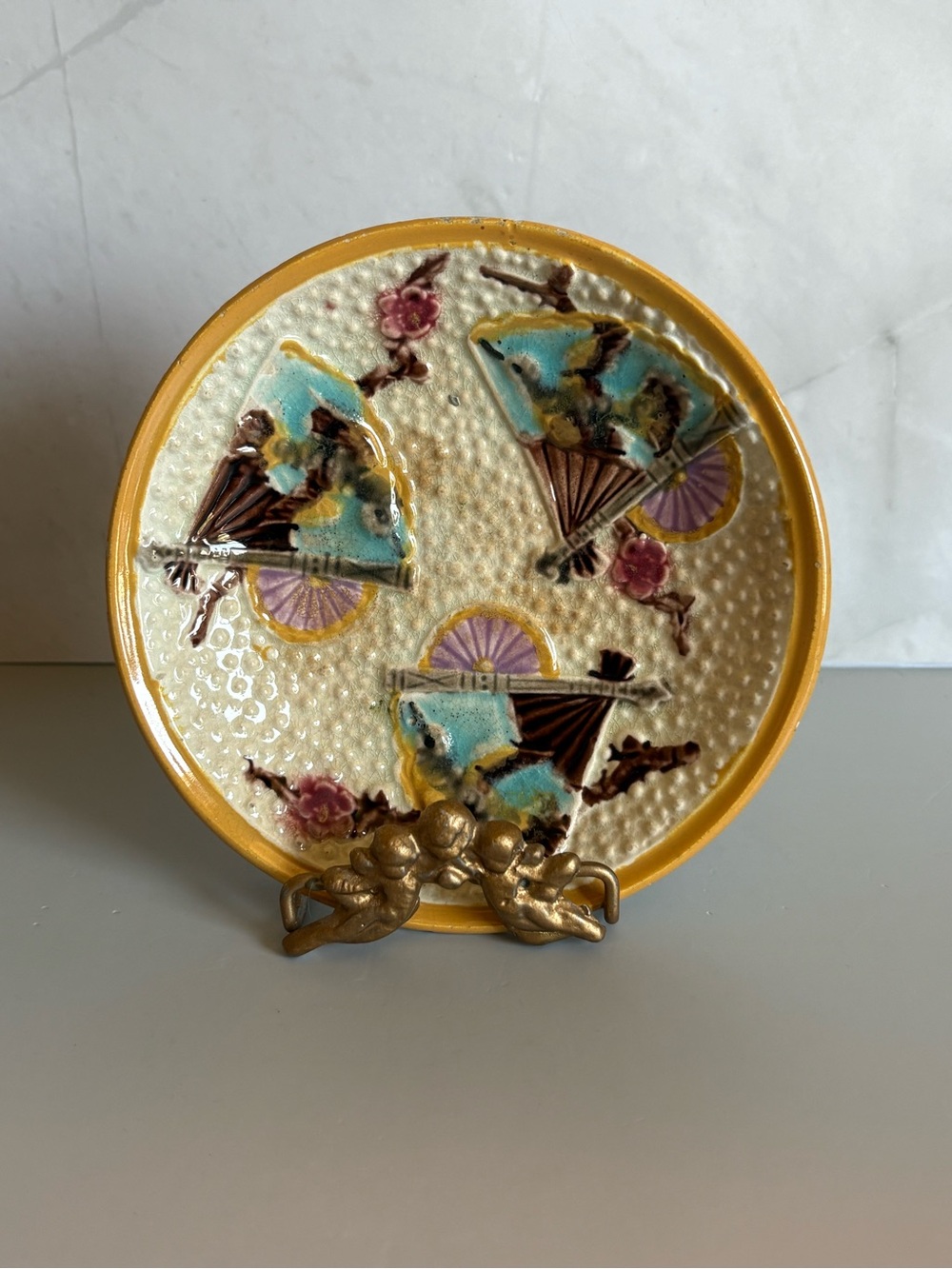 5” Antique Majolica Aesthetic Movement Saucer in Fan Pattern
